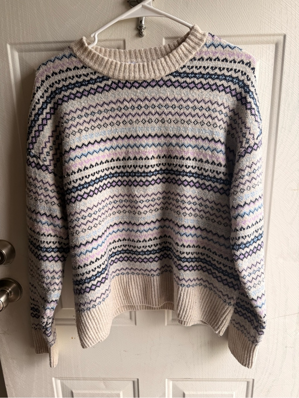 Time and Tru Cream Fair Isle Crewneck Sweater with Navy & Lavender Stripes